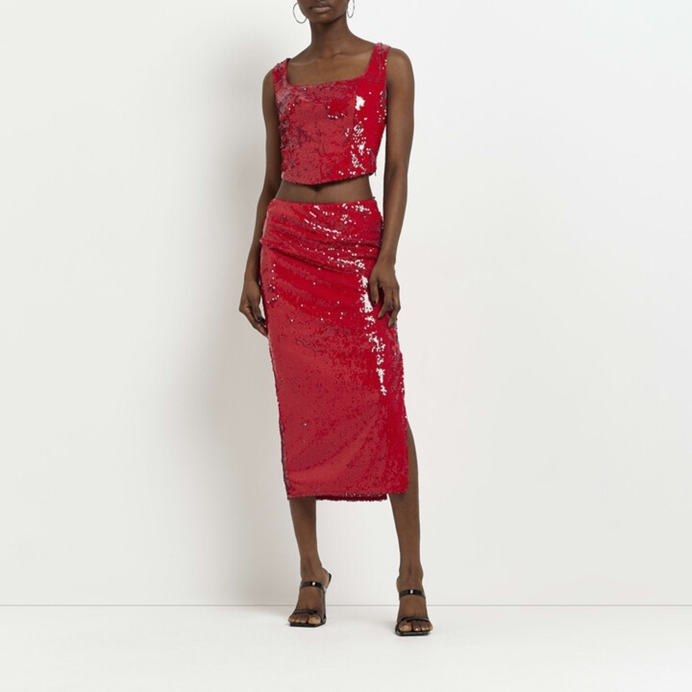 River Island Sequin Red Jacket & Skirt - Picture 3 of 4